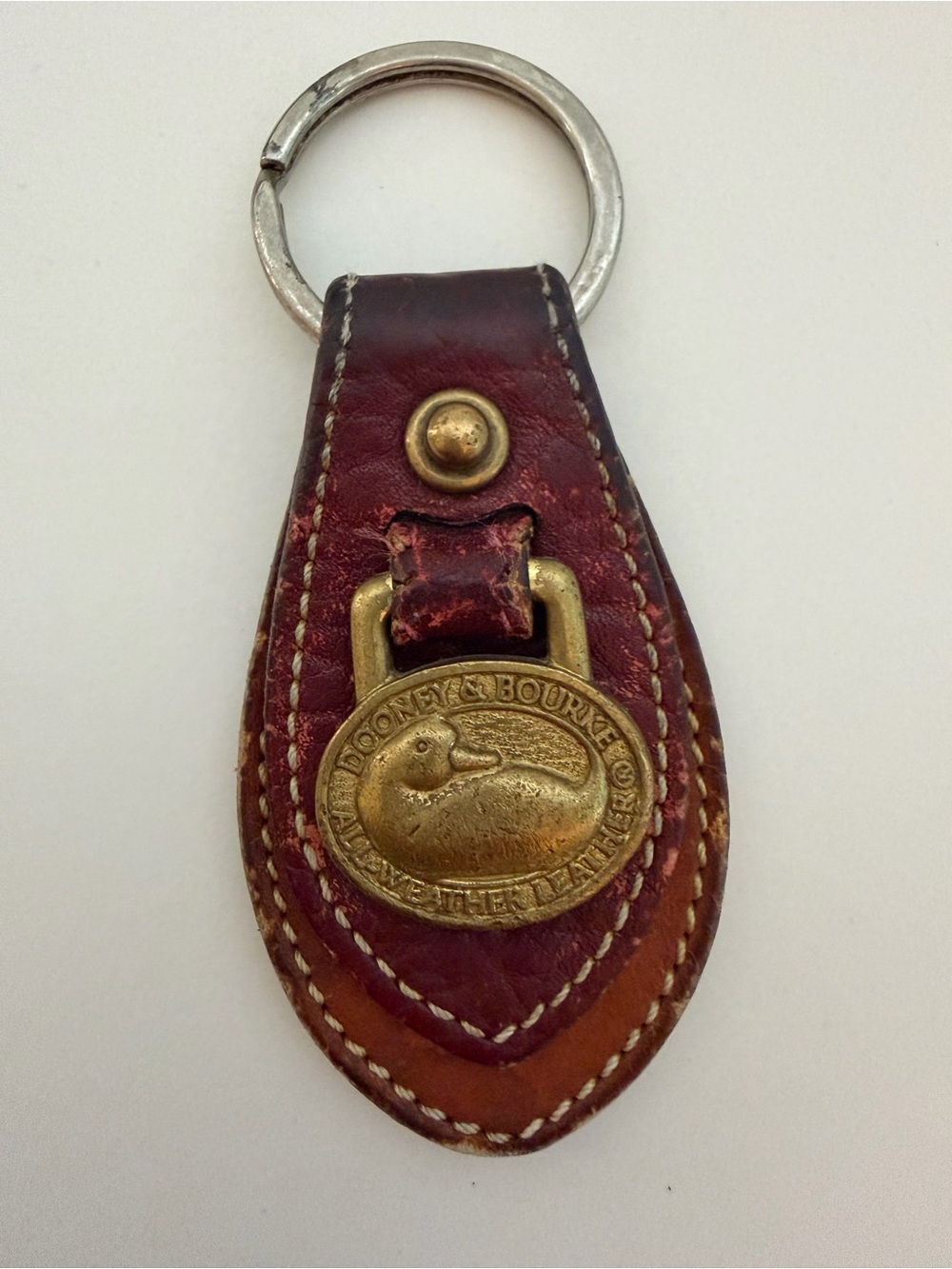Vintage Dooney & Bourke Brown Leather Key Ring with Brass Duck Medallion